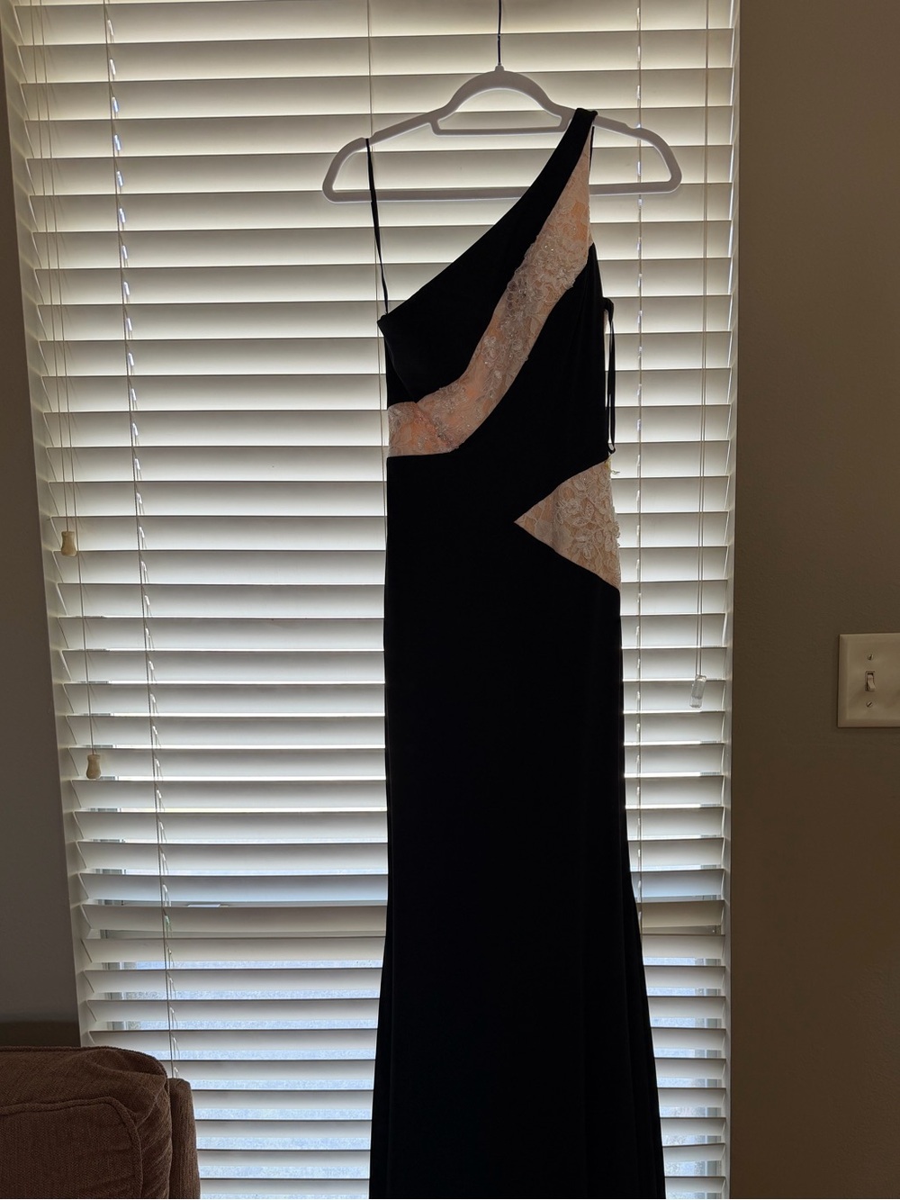 Black One-Shoulder Evening Dress with Cream Lace Insets